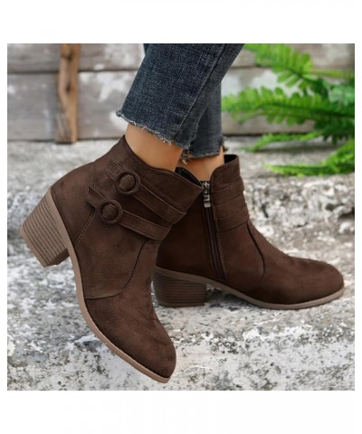 Women's Middle Ankle Boots Retro Chunky Heeled Ankle Boot Double Buckle Strap Side Zipper Shoes Work Short Boots Z-493 Brown ...