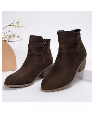 Women's Middle Ankle Boots Retro Chunky Heeled Ankle Boot Double Buckle Strap Side Zipper Shoes Work Short Boots Z-493 Brown ...