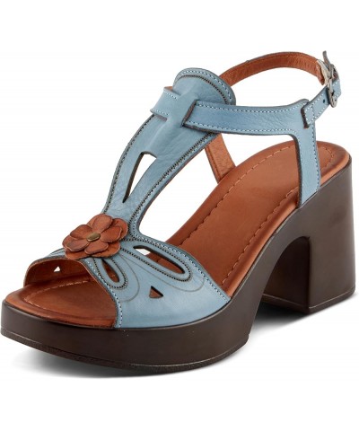 NYLEEN Women's Block Heel Sandals with T-Strap Design and Delicate Flower Detail Blue $52.48 Sandals