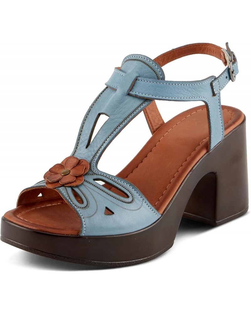 NYLEEN Women's Block Heel Sandals with T-Strap Design and Delicate Flower Detail Blue $52.48 Sandals