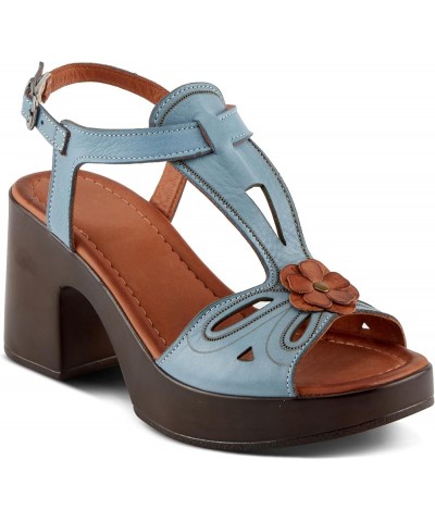 NYLEEN Women's Block Heel Sandals with T-Strap Design and Delicate Flower Detail Blue $52.48 Sandals