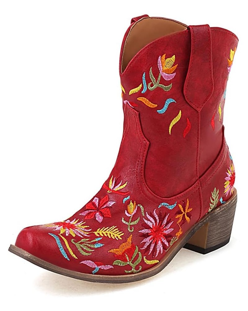 Women's Embroidered Cowgirl Boots Women Short Western Cowgirl Boots 70 Claret $21.47 Boots