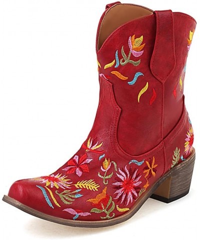 Women's Embroidered Cowgirl Boots Women Short Western Cowgirl Boots 70 Claret $21.47 Boots