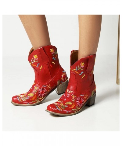 Women's Embroidered Cowgirl Boots Women Short Western Cowgirl Boots 70 Claret $21.47 Boots