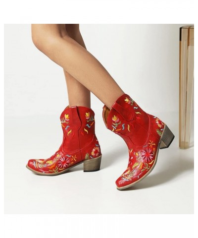 Women's Embroidered Cowgirl Boots Women Short Western Cowgirl Boots 70 Claret $21.47 Boots