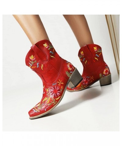 Women's Embroidered Cowgirl Boots Women Short Western Cowgirl Boots 70 Claret $21.47 Boots