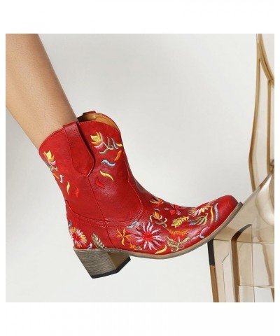 Women's Embroidered Cowgirl Boots Women Short Western Cowgirl Boots 70 Claret $21.47 Boots