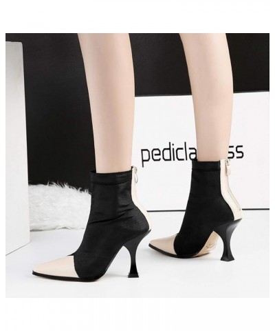 Womens Two Tone Ankle Boots Ladies Fur Inside Pointed Toe High Heels Back Zipper Short Booties Black Beige $31.21 Boots