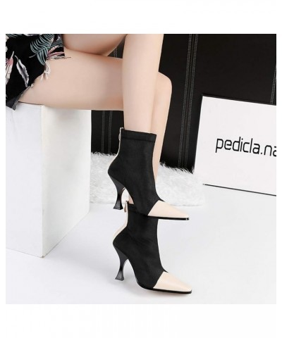 Womens Two Tone Ankle Boots Ladies Fur Inside Pointed Toe High Heels Back Zipper Short Booties Black Beige $31.21 Boots