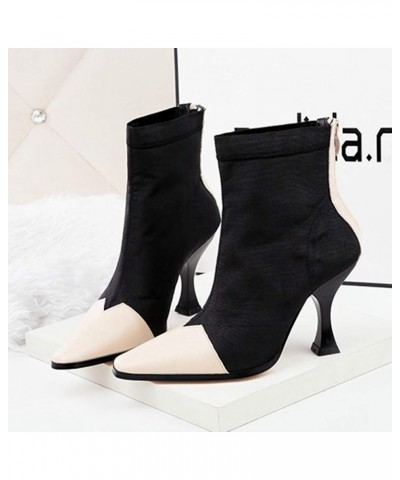 Womens Two Tone Ankle Boots Ladies Fur Inside Pointed Toe High Heels Back Zipper Short Booties Black Beige $31.21 Boots