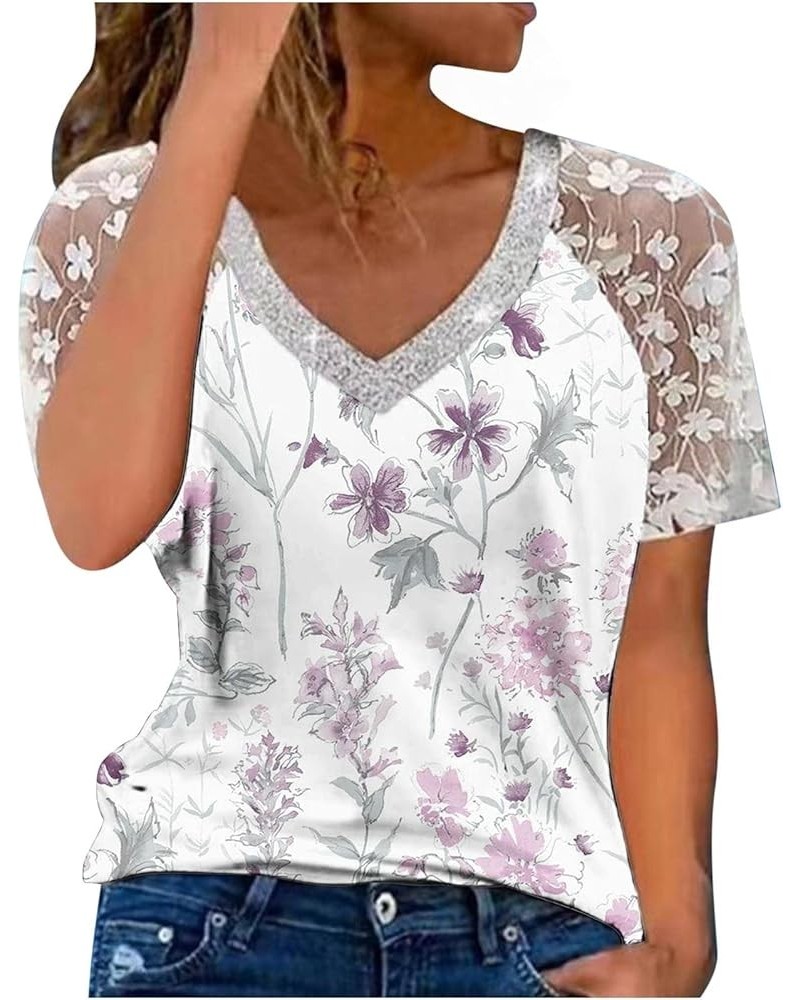 Womens Floral Lace Short Sleeve V Neck Flower Printed T Shirt Top Casual Slim Shirts Tee Blouse T Shirt Women Grey $11.48 Ath...