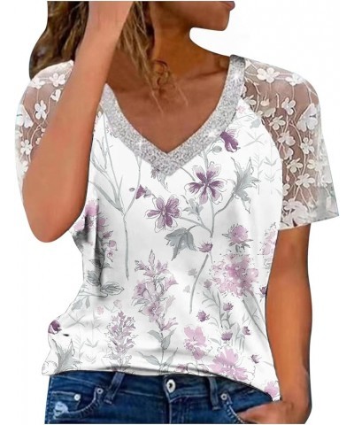 Womens Floral Lace Short Sleeve V Neck Flower Printed T Shirt Top Casual Slim Shirts Tee Blouse T Shirt Women Grey $11.48 Ath...