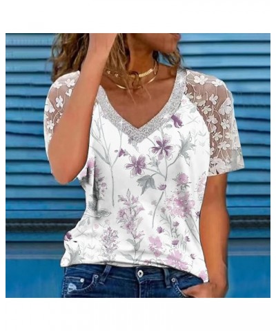 Womens Floral Lace Short Sleeve V Neck Flower Printed T Shirt Top Casual Slim Shirts Tee Blouse T Shirt Women Grey $11.48 Ath...