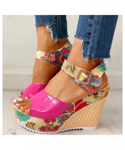 Womens Boho Summer Sandals Ankle Strap Open Toe Wedge Sandal Slip on Casual Dressy High Platform Comfortable Shoes Hot Pink $...