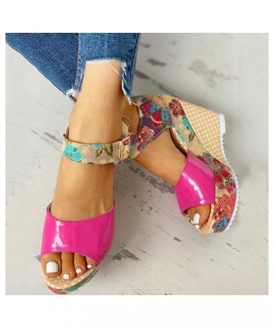 Womens Boho Summer Sandals Ankle Strap Open Toe Wedge Sandal Slip on Casual Dressy High Platform Comfortable Shoes Hot Pink $...