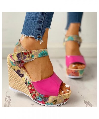 Womens Boho Summer Sandals Ankle Strap Open Toe Wedge Sandal Slip on Casual Dressy High Platform Comfortable Shoes Hot Pink $...