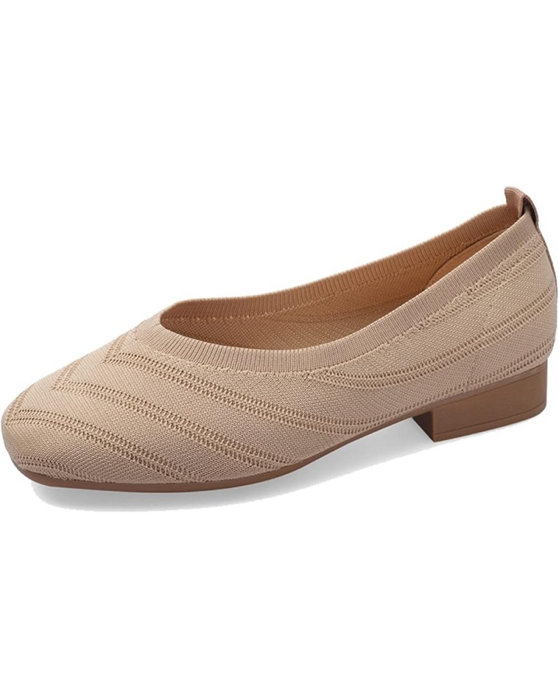 Womens' Retro Breathable Slip-on Square Toe Slim Solid Ladies' Low Flat Heel Shoe for Wedding Khaki $19.23 Flats