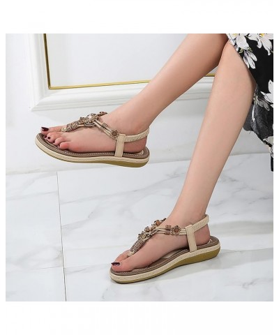 sandles womans dressy Flat Sandals for Women summer elastic ankle strap sandal Summer Strappy Flat gladiator sandals Beige $2...