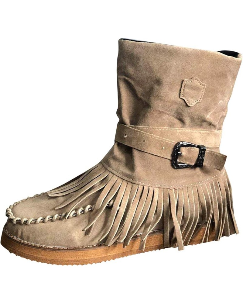 Boots for Women with Heel Comfortable Casual Fashion Toe Round Retro Boots Short Women's Shoes Fringe Flat Women's Boots Wome...