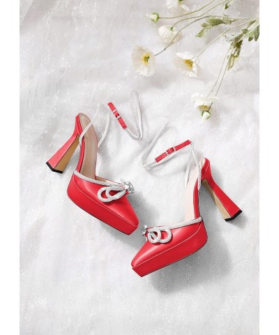 Women Platform Pumps High Heels Rhinestone Double Bows Heels Pointed Toe Satin Block Pumps Ankle Strap Crystals Lace Up Weddi...