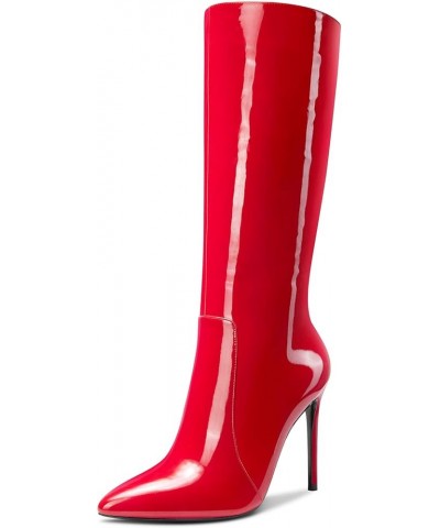 Womens Knee High Boots High Heels Elegant Pointy Toe Stilettos Boot with Zipper 10CM Heel Red Patent $41.79 Boots