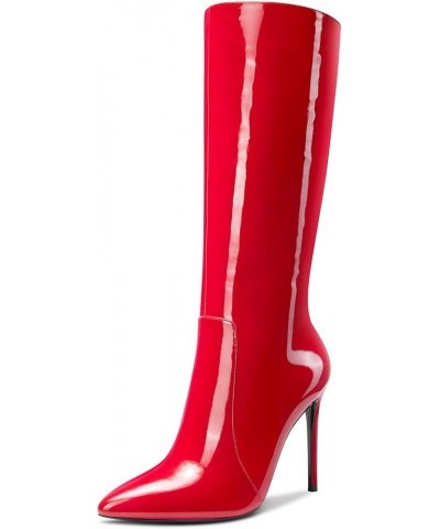 Womens Knee High Boots High Heels Elegant Pointy Toe Stilettos Boot with Zipper 10CM Heel Red Patent $41.79 Boots