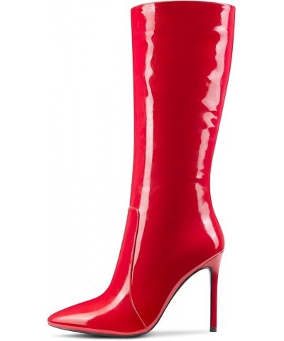 Womens Knee High Boots High Heels Elegant Pointy Toe Stilettos Boot with Zipper 10CM Heel Red Patent $41.79 Boots