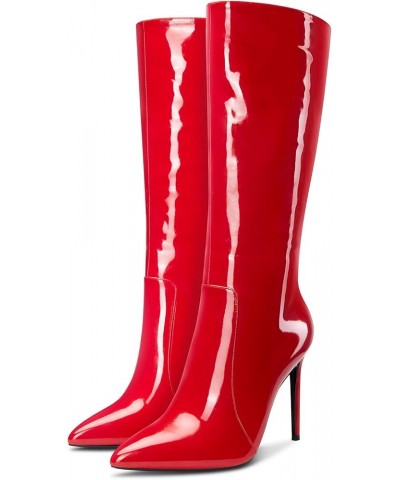 Womens Knee High Boots High Heels Elegant Pointy Toe Stilettos Boot with Zipper 10CM Heel Red Patent $41.79 Boots