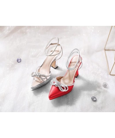 Women Platform Pumps High Heels Rhinestone Double Bows Heels Pointed Toe Satin Block Pumps Ankle Strap Crystals Lace Up Weddi...