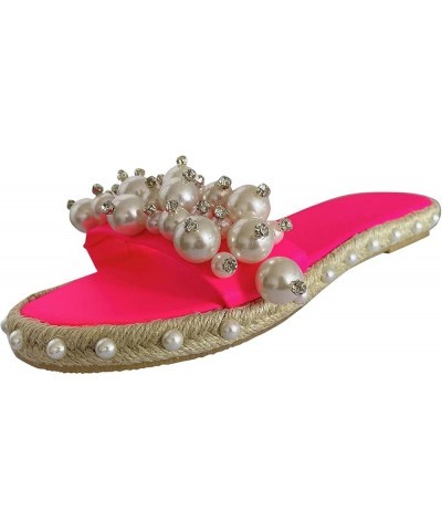 Women's One-Word Large Flat Slippers Slippers Fashion Sandals Pearl and Size Women's Yeah Slippers Women (Hot Pink, 7.5) 8.5 ...