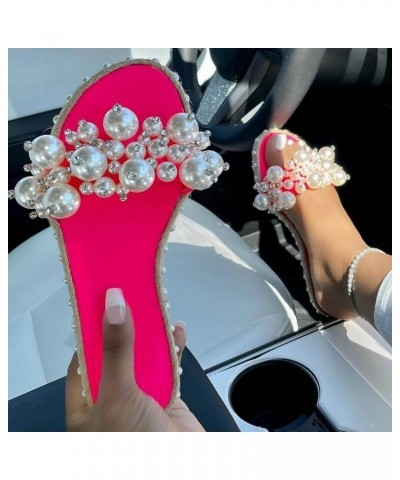 Women's One-Word Large Flat Slippers Slippers Fashion Sandals Pearl and Size Women's Yeah Slippers Women (Hot Pink, 7.5) 8.5 ...