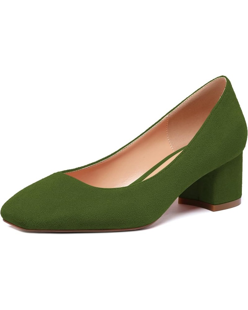 Women's Square Toe Mid Chunky Block Heel 2 Inch Pumps Slip On Elegant Block Heel Dress Shoes Suede Oliver Green $40.49 Pumps