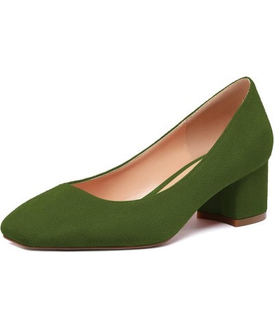 Women's Square Toe Mid Chunky Block Heel 2 Inch Pumps Slip On Elegant Block Heel Dress Shoes Suede Oliver Green $40.49 Pumps