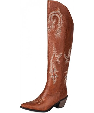 Women's Embroidered Cowboy Cowgirl Boots Western Knee High Boots Square Toe Medium Chunky Block Heel Boots Brown $31.94 Boots