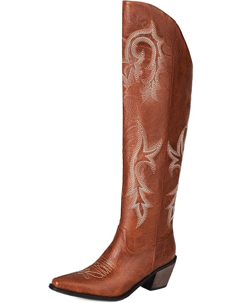 Women's Embroidered Cowboy Cowgirl Boots Western Knee High Boots Square Toe Medium Chunky Block Heel Boots Brown $31.94 Boots