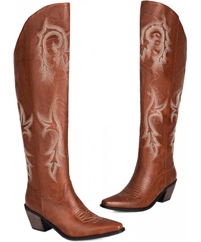 Women's Embroidered Cowboy Cowgirl Boots Western Knee High Boots Square Toe Medium Chunky Block Heel Boots Brown $31.94 Boots