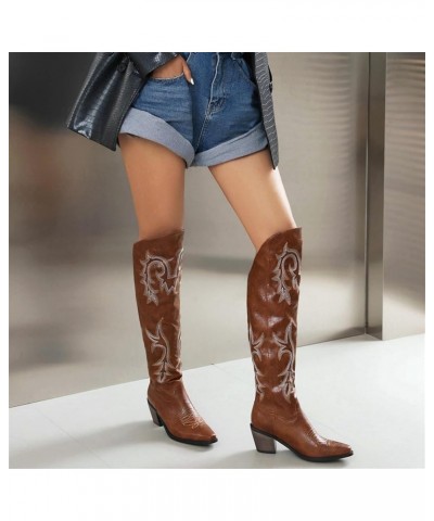 Women's Embroidered Cowboy Cowgirl Boots Western Knee High Boots Square Toe Medium Chunky Block Heel Boots Brown $31.94 Boots