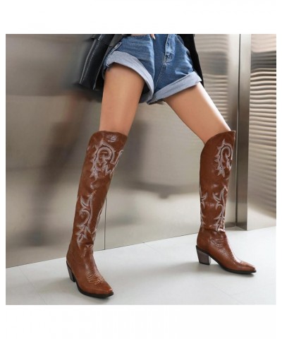 Women's Embroidered Cowboy Cowgirl Boots Western Knee High Boots Square Toe Medium Chunky Block Heel Boots Brown $31.94 Boots