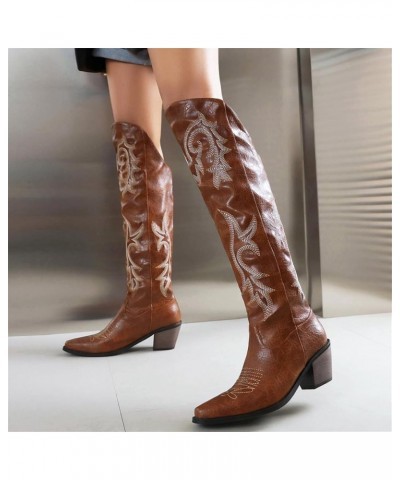 Women's Embroidered Cowboy Cowgirl Boots Western Knee High Boots Square Toe Medium Chunky Block Heel Boots Brown $31.94 Boots