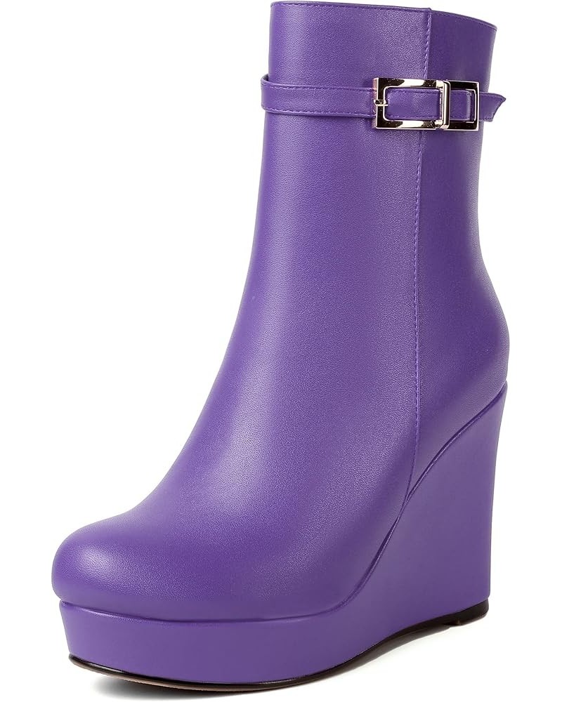 Womens Fashion Platform Zip Round Toe Matte Outdoor Wedge High Heel Ankle High Boots 4 Inch Lavender $51.39 Boots