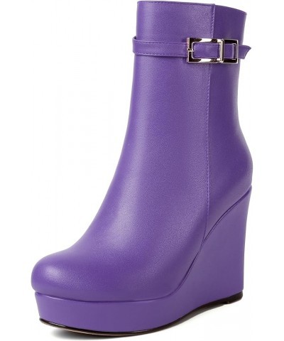 Womens Fashion Platform Zip Round Toe Matte Outdoor Wedge High Heel Ankle High Boots 4 Inch Lavender $51.39 Boots