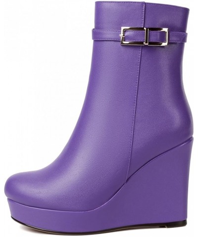 Womens Fashion Platform Zip Round Toe Matte Outdoor Wedge High Heel Ankle High Boots 4 Inch Lavender $51.39 Boots