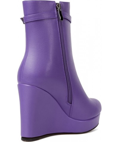 Womens Fashion Platform Zip Round Toe Matte Outdoor Wedge High Heel Ankle High Boots 4 Inch Lavender $51.39 Boots