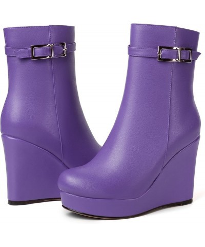 Womens Fashion Platform Zip Round Toe Matte Outdoor Wedge High Heel Ankle High Boots 4 Inch Lavender $51.39 Boots