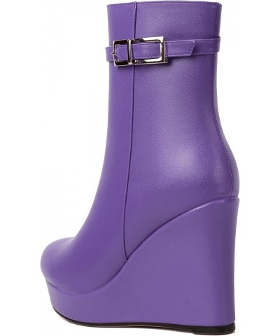 Womens Fashion Platform Zip Round Toe Matte Outdoor Wedge High Heel Ankle High Boots 4 Inch Lavender $51.39 Boots