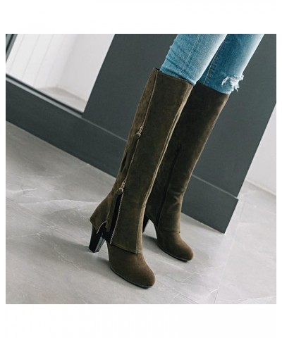 Women's Autumn And Winter Thick High Heels Round Head Side Zipper Fashion Handsome Retro High Women Boots Knee B $24.54 Boots