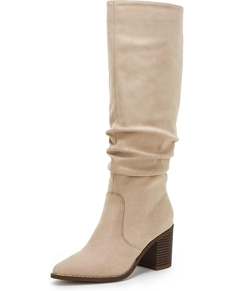 Womens Pointed Toe Mid Chunky Heel Side Zipper Knee High Boots Tall Booties Beige $41.24 Boots