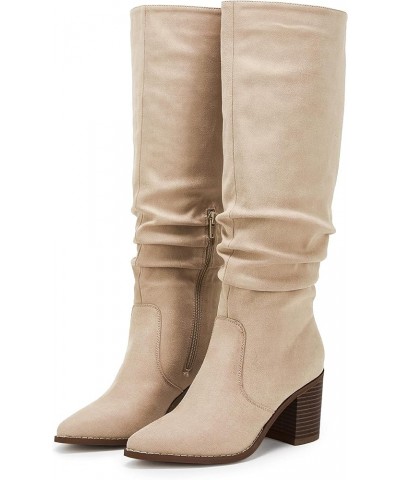 Womens Pointed Toe Mid Chunky Heel Side Zipper Knee High Boots Tall Booties Beige $41.24 Boots