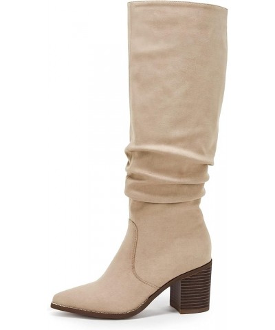 Womens Pointed Toe Mid Chunky Heel Side Zipper Knee High Boots Tall Booties Beige $41.24 Boots