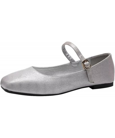 Women's Retro Square Toe Mary Jane Flats Comfortable One Line Strap Flats A Silver Gray $17.10 Flats